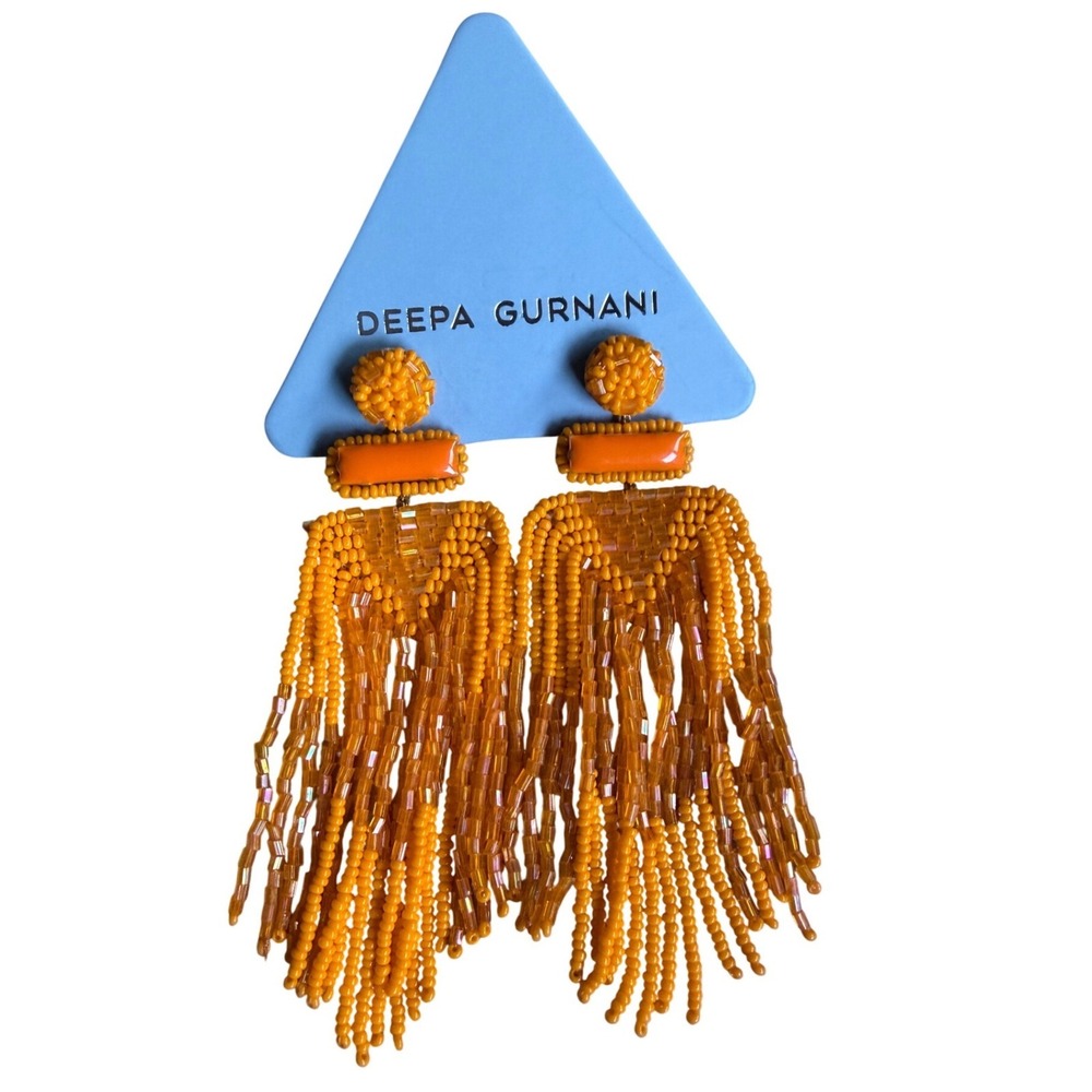 Deepa Gurnani Orange Beaded Fringe Tassel Drop Statement Earrings Handmade
